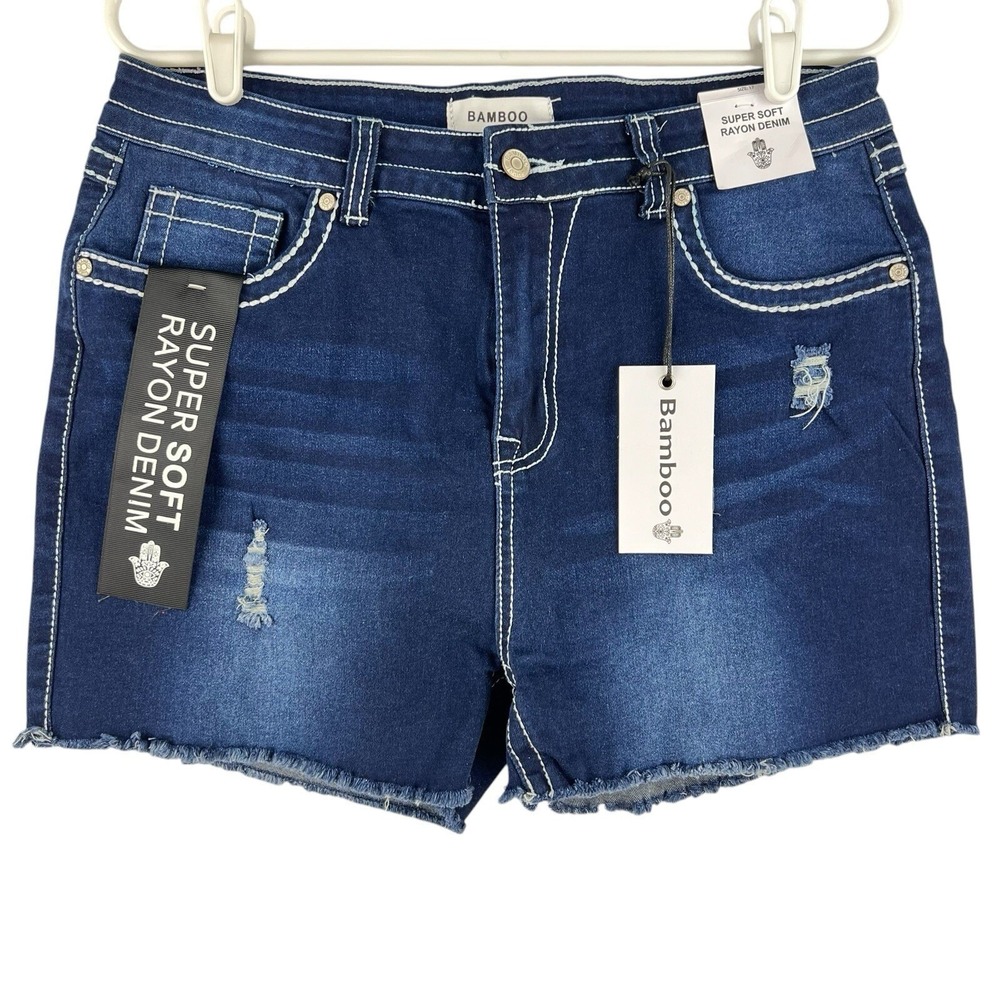 NWT Bamboo Women's Blue Super Soft Denim Shorts Junior Sz 17‎ Distressed Raw Hem